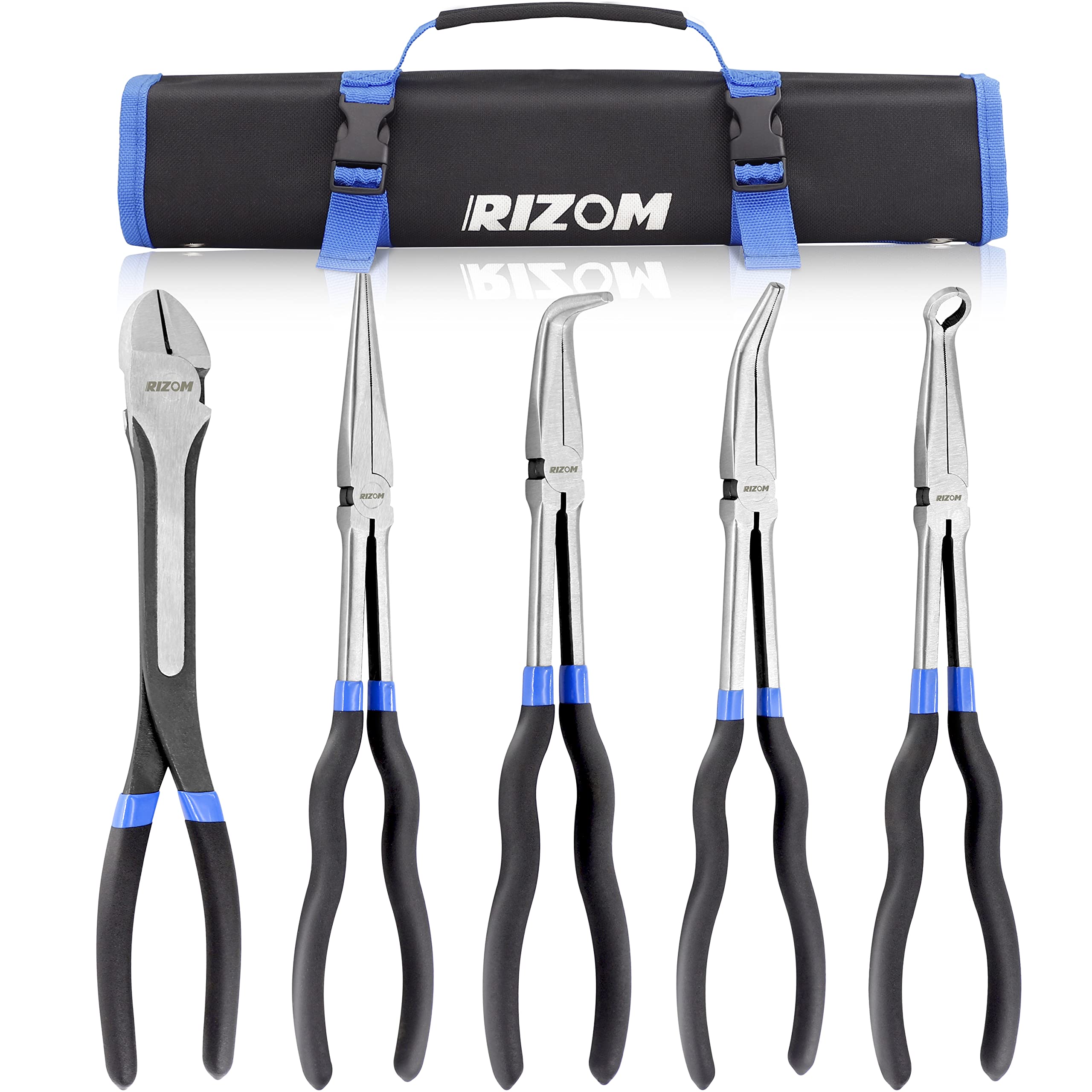 Rizom 5-Piece Long Needle Nose Pliers Set, 11'' Long Reach Bent